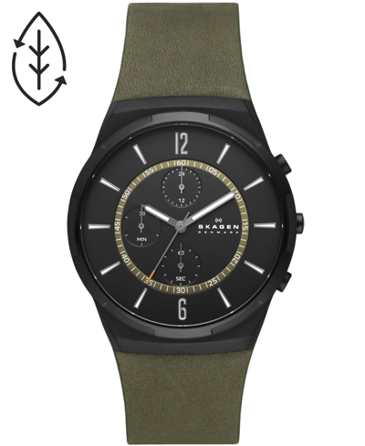 Shop Skagen Men's Chronograph Green Leather Strap Watch 42mm In Black/olive