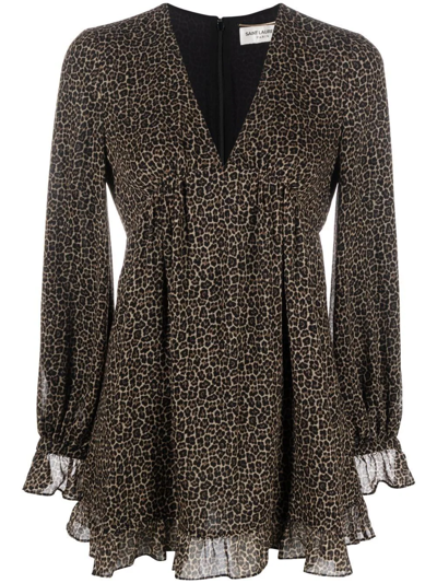 Shop Saint Laurent Leopard-print Short Dress In Brown
