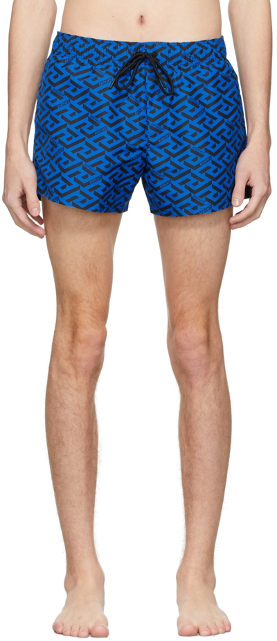 Shop Versace Blue Greca Signature Swim Shorts In 5u290 Sapphire+black