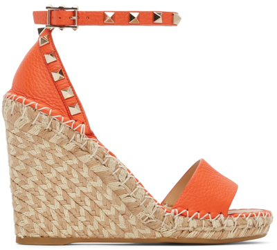 Shop Valentino Orange Double Rockstud Wedge 95 Heeled Sandals In E32 Titian/naturale