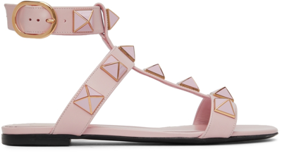 Shop Valentino Pink Roman Stud Flat Sandals In 16q Rose Quartz
