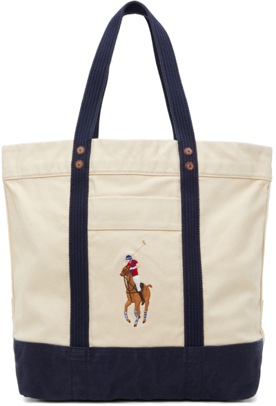Shop Polo Ralph Lauren Off-white & Navy Big Pony Tote Bag In Natural/navy