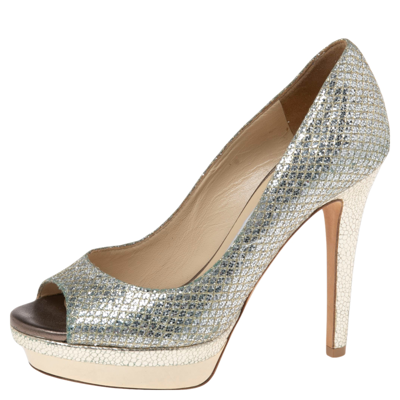 Pre-owned Jimmy Choo Silver Glitter Fabric Dahlia Platform Peep Toe Pumps Size 35