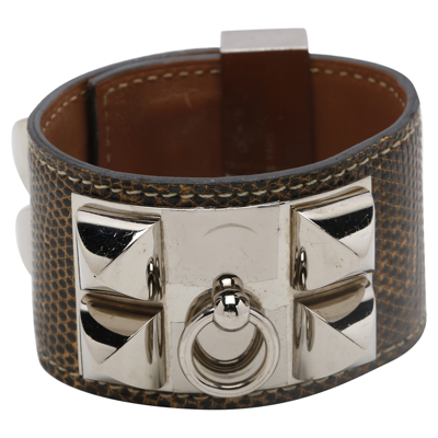 Pre-owned Hermes Brown Leather Lizard Collier De Chien Wide Bracelet