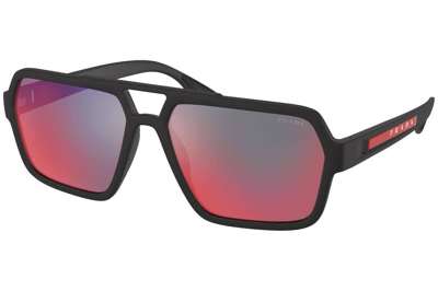 Shop Prada Dark Grey / Mirrored Blue / Red Rectangular Mens Sunglasses 0ps 01xs Dg008f59 In Black,blue,grey,red