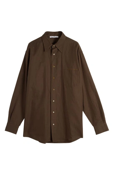 Shop Acne Studios Cotton & Linen Twill Button-up Shirt In Dark Olive