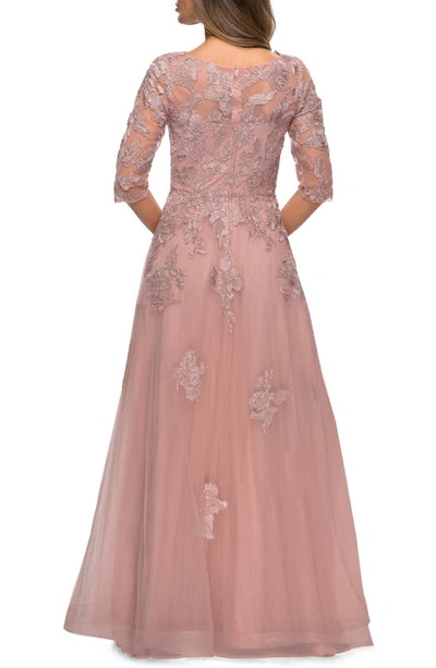 Shop La Femme Embellished Lace A-line Gown In Dark Blush
