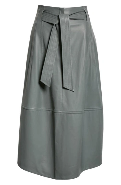 Shop Vince Topstitch Belted Leather Skirt In Sea Stone