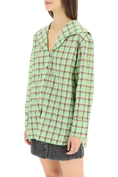 Shop Ganni Seersucker Shirt In Oyster Grey (green)