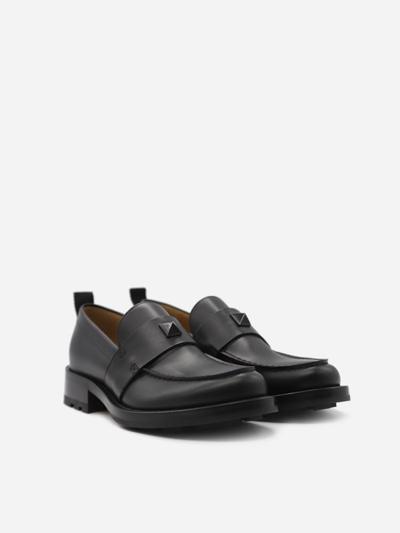 Shop Valentino Roman Stud Leather Loafers In Black