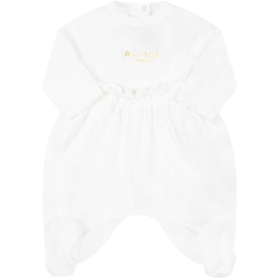 Balmain White Set For Baby Girl With Golden Logo In White