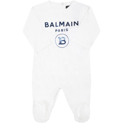 Shop Balmain White Set For Baby Boy With Blue Logo