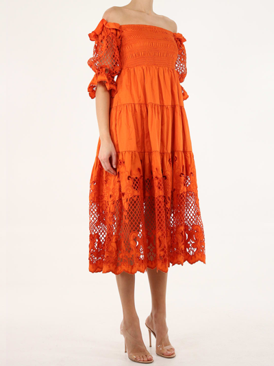 Shop Self-portrait Embroidered Orange Midi Dress