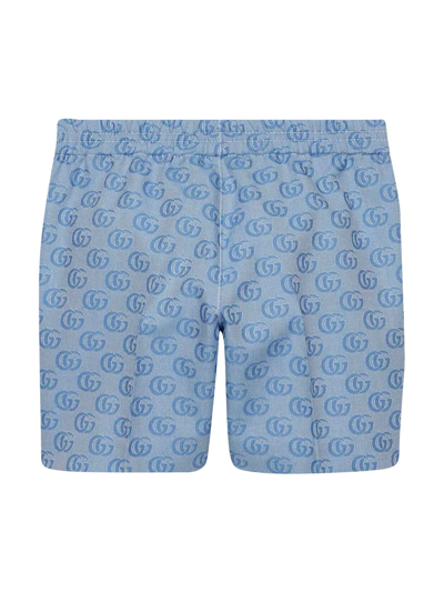 Shop Gucci Light Blue Bermuda Shorts With Logo Print In Azzurro