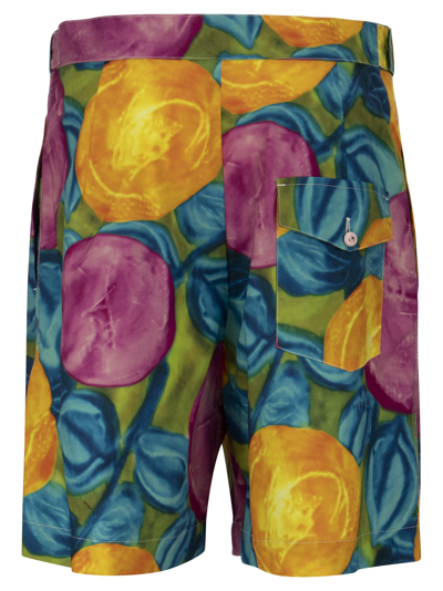 Marni Low Waist Cotton Bermuda Pants With Flower Allover Print In Multicolor