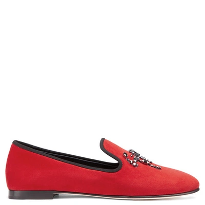Giuseppe Zanotti - Red Suede Loafer With Crystal Logo Giuseppe