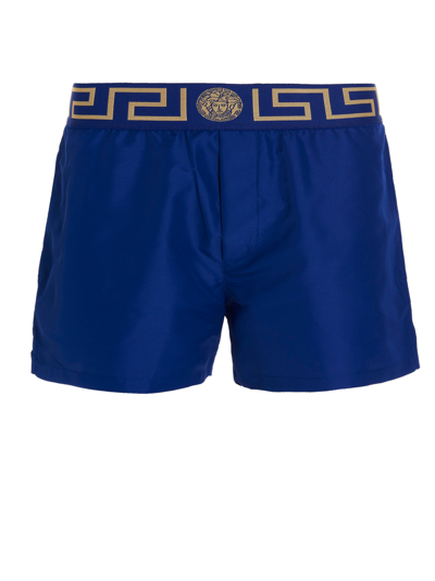 Shop Versace Greca Boarder Swim Shorts In Blue