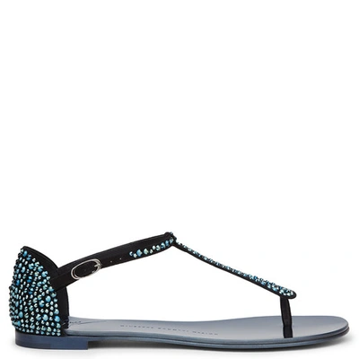 Shop Giuseppe Zanotti - Black Suede Flat Sandal With Crystals Gaia In Blue