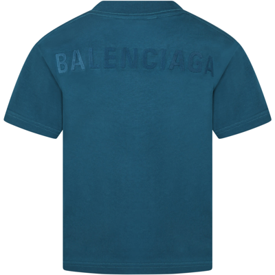 Shop Balenciaga Petroleum Green T-shirt For Kids With Logo In Blue
