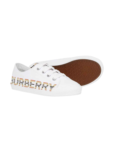 Shop Burberry White Sneakers With Check Insert And Logo In Bianco