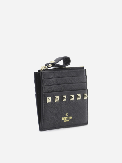 Shop Valentino Rockstud Card Holder In Leather With Zip In Black