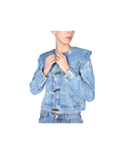 Shop Ganni Peter Pan Ruffle Jacket With Collar In Blue