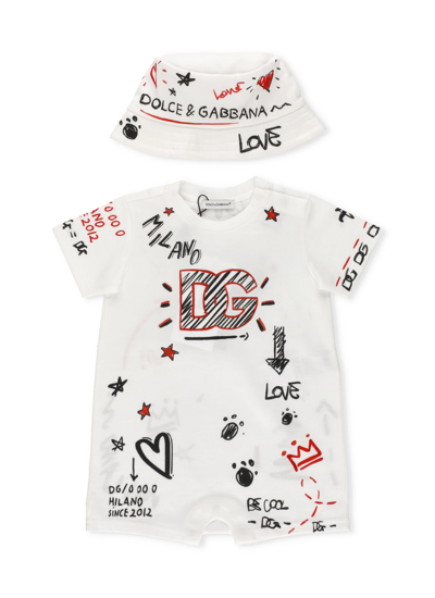 Shop Dolce & Gabbana Baby Romper And Hat Set With Graffiti Print In Dg Milano F.b.ottico