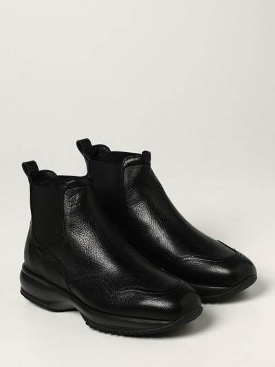 Shop Hogan Flat Booties Chelsea Interactive  Ankle Boots In Grained Leather In Black