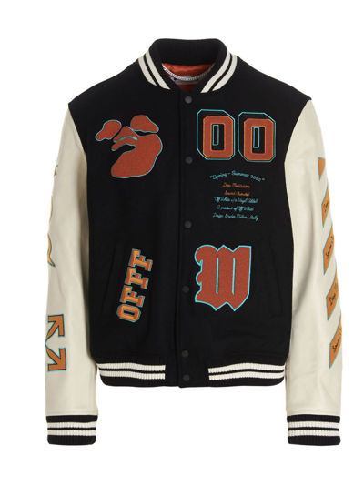 Off-white Varsity Jacket With Patch Detailing In Black