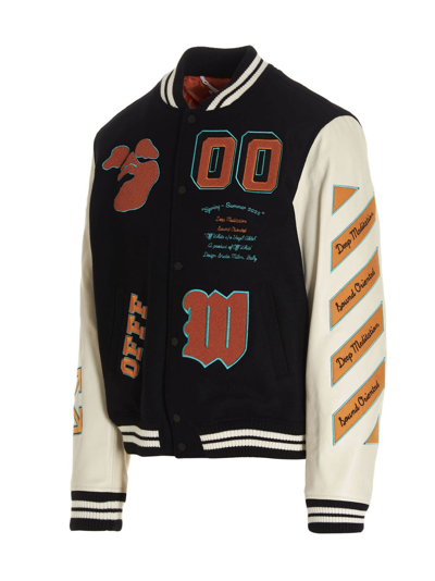 Off-white Varsity Jacket With Patch Detailing In Black