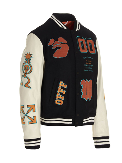 Off-white Varsity Jacket With Patch Detailing In Black