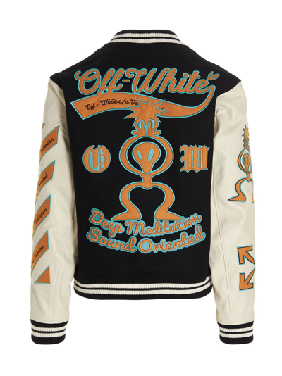 Off-white Varsity Jacket With Patch Detailing In Black