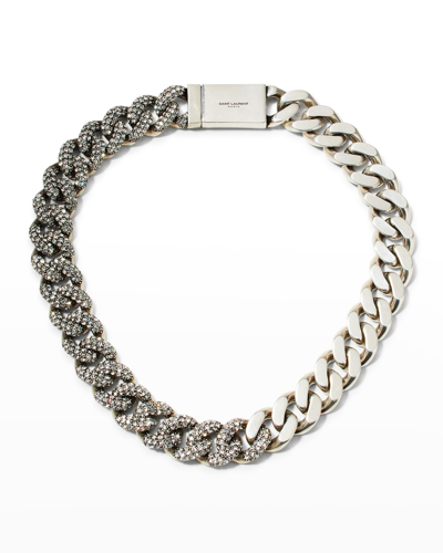 Shop Saint Laurent Rhinestone Thick Curb Chain Necklace In Silcrystal
