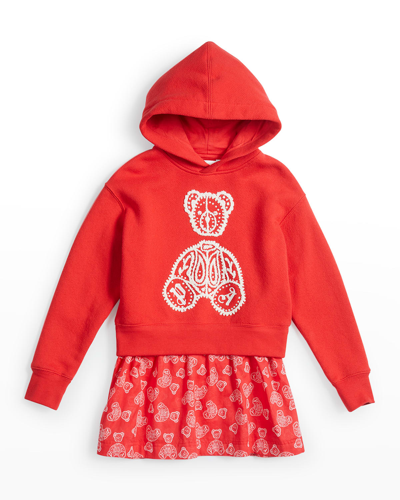 Shop Palm Angels Girl's Paisley Bear Hooded Combo Dress In Red White