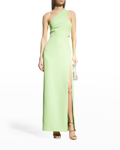 Shop Aidan Mattox One-shoulder Long Crepe Slit Dress In Lime Green