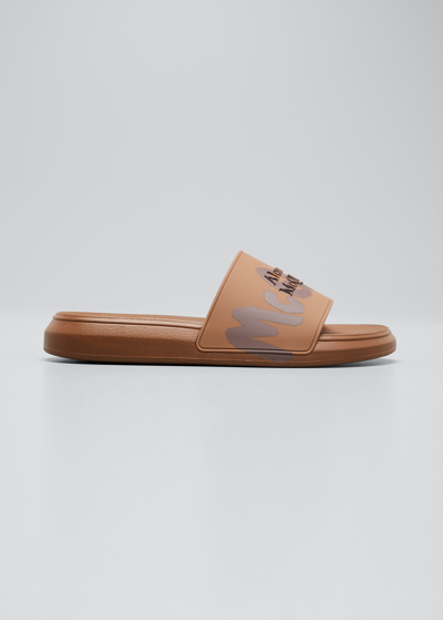Shop Alexander Mcqueen Men's Logo Pool Slide Sandals In Dk.brn/bei