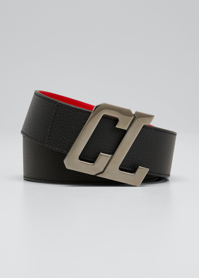Shop Christian Louboutin Men's Happy Rui Cl-logo Leather Belt In Black/loubi/gun M