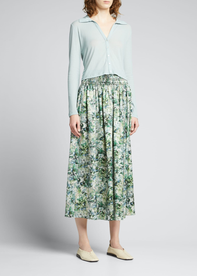 Shop Vince Smocked Floral Midi Skirt In Herb