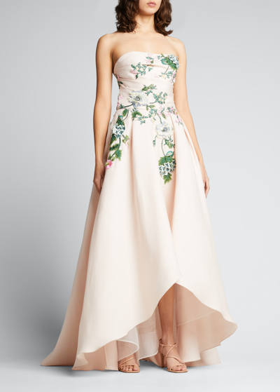 Shop Marchesa Strapless Floral-embroidered High-low Gown In Blush