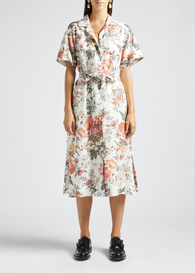 Shop Erdem Floral Button-down Belted Linen Midi Shirtdress In White/multi