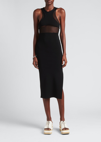 Shop Stella Mccartney Knit Body-con Midi Dress W/ Mesh Panels In 1000 Black