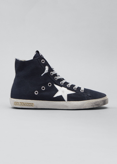 Shop Golden Goose Francy Classic Suede Sneakers With Shiny Leather Star In Night Bluewhite