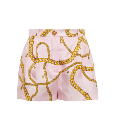 Shop Versace Chain-print Silk Shorts In Candy+oro