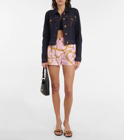 Shop Versace Chain-print Silk Shorts In Candy+oro