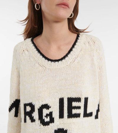 Shop Mm6 Maison Margiela Logo Intarsia Cotton-blend Sweater In White+white