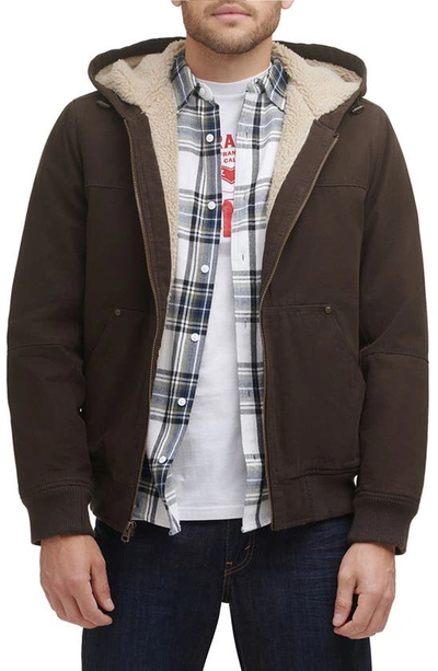 Shop Levi's Workwear Cotton Canvas Faux Shearling Lined Hoodie Bomber Jacket In Brown