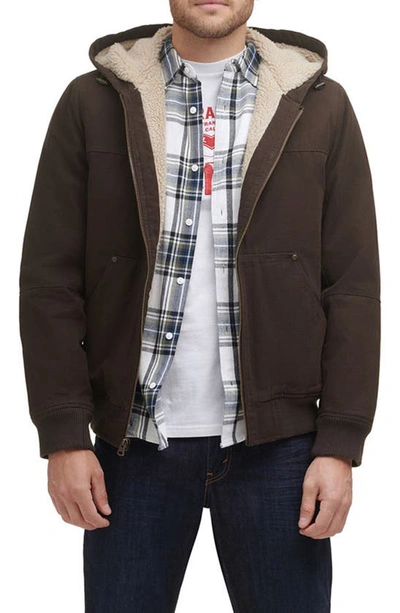 Shop Levi's Workwear Cotton Canvas Faux Shearling Lined Hoodie Bomber Jacket In Brown
