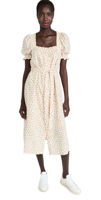 English Factory Floral Midi Dress With Short Puff Sleeves In Beige Multi |  ModeSens