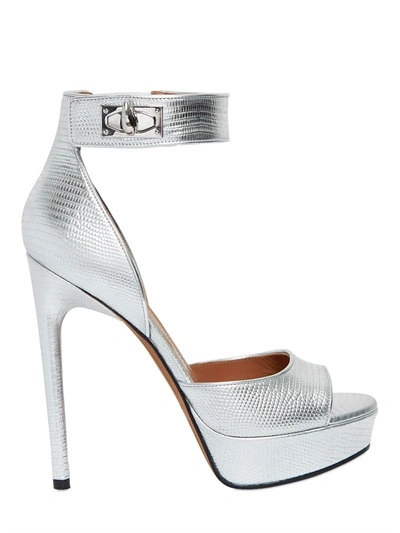 Givenchy Shark Lock Platform Sandals In Lizard-effect Leather In Silver