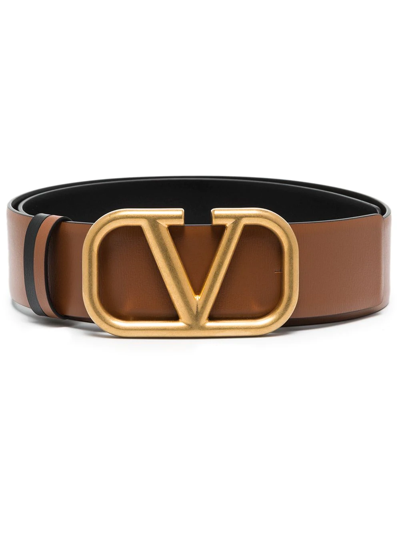 Shop Valentino Vlogo Reversible Leather Belt In Brown